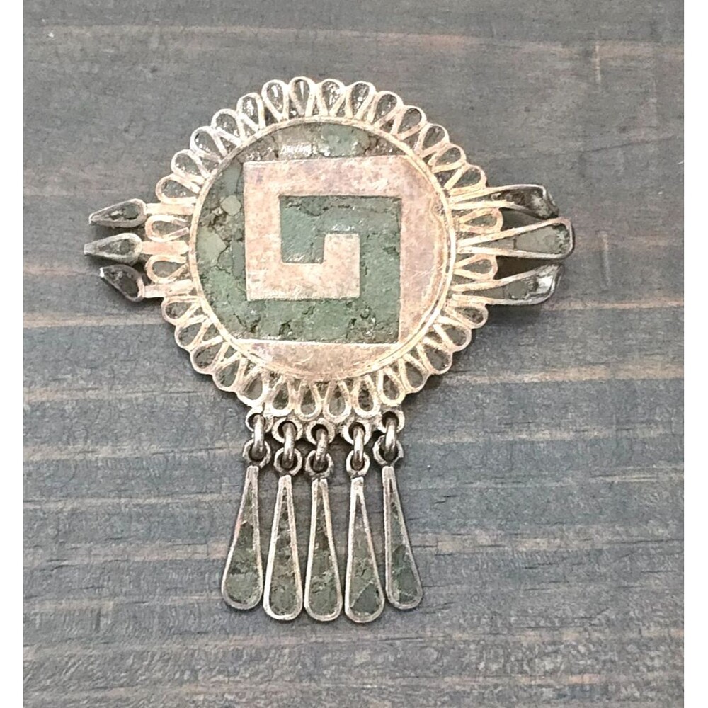 Vintage Emma Melendez Taxco Silver Aztec Shield Brooch Pin Green Stone Sterling